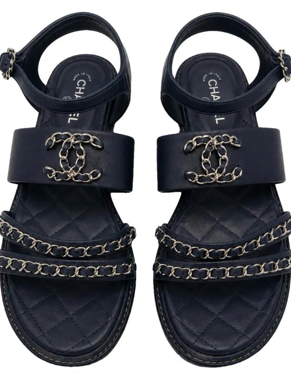 Authentic CHANEL Navy Blue Quilted Lambskin Chain CC Logo Flat Sandals 37